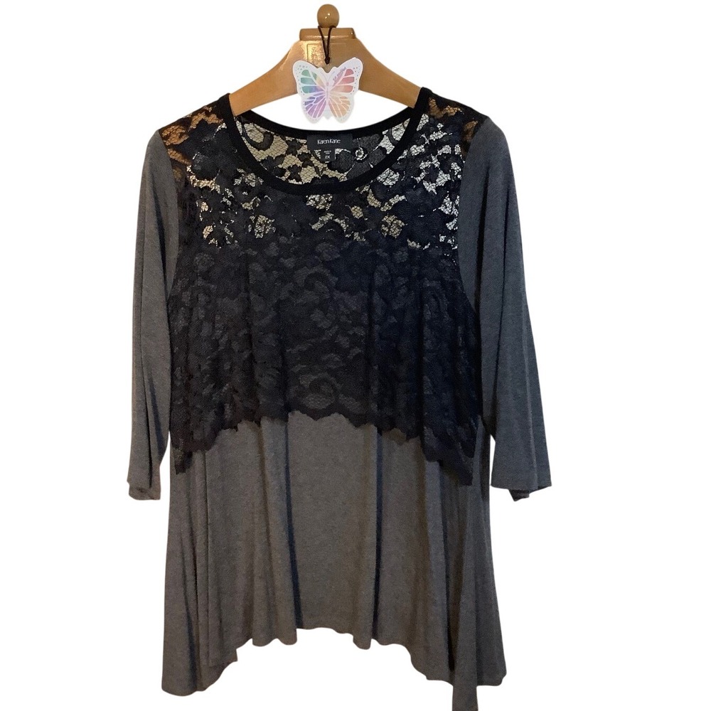Karen Kane Women's 2X Gray Lace Top 3/4 Sleeve A-Line Tunic Blouse Whimsygoth